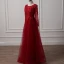 Chic / Belle Bordeaux Robe De Soirée 2018 Princesse Encolure Dégagée Transparentes Manches Longues Appliques En Dentelle Perlage Longue Volants Dos Nu Robe De Ceremonie