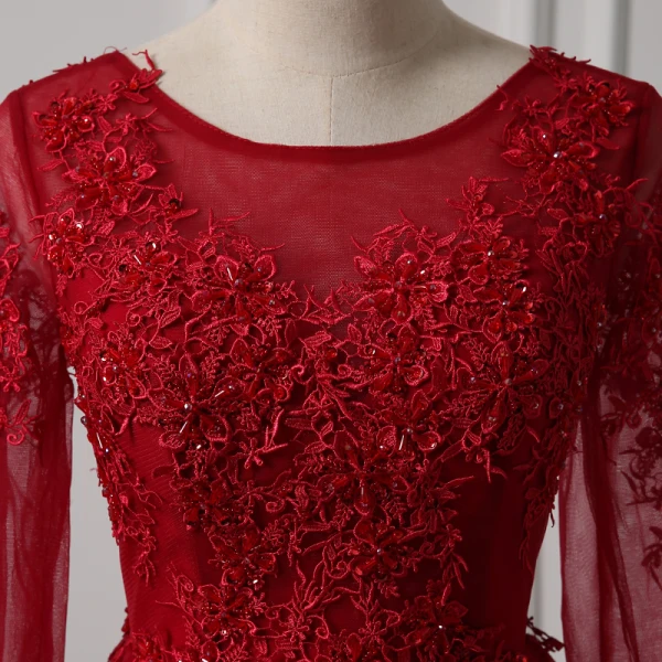 Chic / Belle Bordeaux Robe De Soirée 2018 Princesse Encolure Dégagée Transparentes Manches Longues Appliques En Dentelle Perlage Longue Volants Dos Nu Robe De Ceremonie