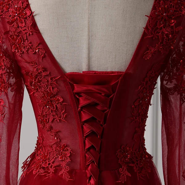 Chic / Belle Bordeaux Robe De Soirée 2018 Princesse Encolure Dégagée Transparentes Manches Longues Appliques En Dentelle Perlage Longue Volants Dos Nu Robe De Ceremonie
