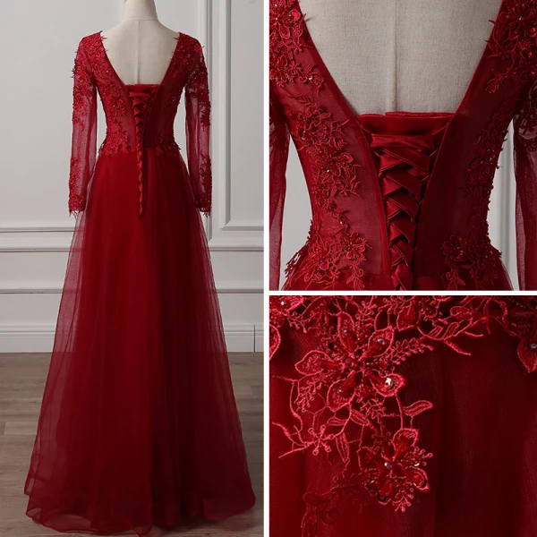 Chic / Belle Bordeaux Robe De Soirée 2018 Princesse Encolure Dégagée Transparentes Manches Longues Appliques En Dentelle Perlage Longue Volants Dos Nu Robe De Ceremonie