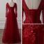 Chic / Belle Bordeaux Robe De Soirée 2018 Princesse Encolure Dégagée Transparentes Manches Longues Appliques En Dentelle Perlage Longue Volants Dos Nu Robe De Ceremonie