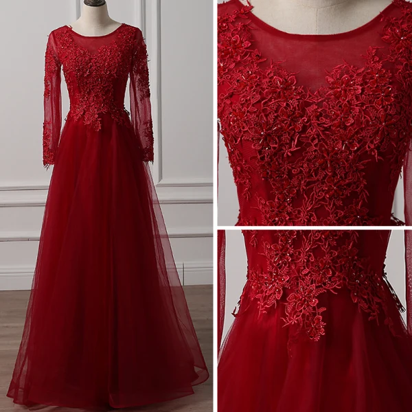 Chic / Belle Bordeaux Robe De Soirée 2018 Princesse Encolure Dégagée Transparentes Manches Longues Appliques En Dentelle Perlage Longue Volants Dos Nu Robe De Ceremonie