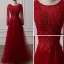 Chic / Belle Bordeaux Robe De Soirée 2018 Princesse Encolure Dégagée Transparentes Manches Longues Appliques En Dentelle Perlage Longue Volants Dos Nu Robe De Ceremonie
