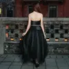 Elegant Black Prom Dresses 2017 A-Line / Princess Strapless Sleeveless Metal Sash Ankle Length Ruffle Backless Formal Dresses