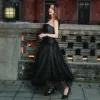 Elegant Black Prom Dresses 2017 A-Line / Princess Strapless Sleeveless Metal Sash Ankle Length Ruffle Backless Formal Dresses