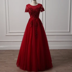 Chic Belle Bordeaux Robe De Soirée 2018 Princesse Encolure Dégagée Manches Courtes Appliques En Dentelle Perle Longue Volants Dos Nu Robe De Ceremonie
