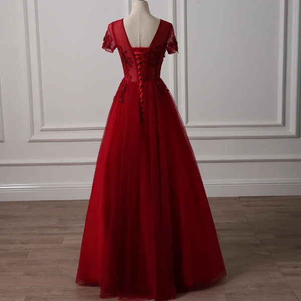 Chic / Beautiful Burgundy Evening Dresses 2018 A-Line / Princess Scoop Neck Short Sleeve Appliques Lace Pearl Floor-Length / Long Ruffle Backless Formal Dresses