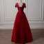 Chic / Beautiful Burgundy Evening Dresses  2018 A-Line / Princess Scoop Neck Short Sleeve Appliques Lace Pearl Floor-Length / Long Ruffle Backless Formal Dresses