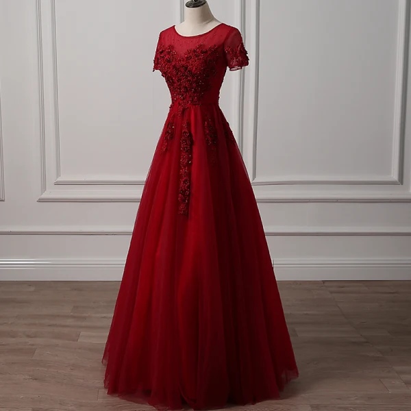 Chic / Beautiful Burgundy Evening Dresses 2018 A-Line / Princess Scoop Neck Short Sleeve Appliques Lace Pearl Floor-Length / Long Ruffle Backless Formal Dresses