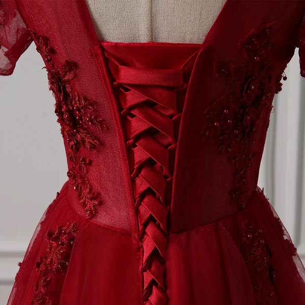 Chic / Beautiful Burgundy Evening Dresses 2018 A-Line / Princess Scoop Neck Short Sleeve Appliques Lace Pearl Floor-Length / Long Ruffle Backless Formal Dresses