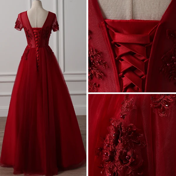 Chic / Beautiful Burgundy Evening Dresses 2018 A-Line / Princess Scoop Neck Short Sleeve Appliques Lace Pearl Floor-Length / Long Ruffle Backless Formal Dresses