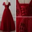 Chic / Beautiful Burgundy Evening Dresses  2018 A-Line / Princess Scoop Neck Short Sleeve Appliques Lace Pearl Floor-Length / Long Ruffle Backless Formal Dresses