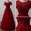 Chic / Beautiful Burgundy Evening Dresses  2018 A-Line / Princess Scoop Neck Short Sleeve Appliques Lace Pearl Floor-Length / Long Ruffle Backless Formal Dresses