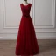 Chic / Beautiful Burgundy Prom Dresses 2018 A-Line / Princess Scoop Neck Sleeveless Appliques Lace Beading Bow Sash Floor-Length / Long Ruffle Backless Formal Dresses