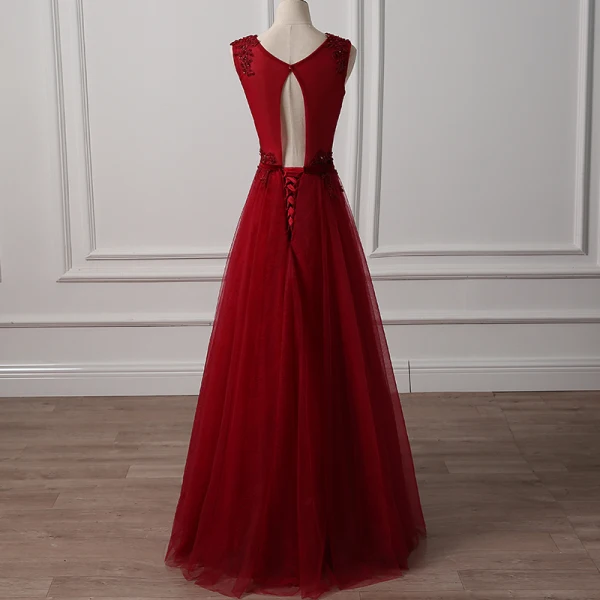 Chic / Beautiful Burgundy Prom Dresses 2018 A-Line / Princess Scoop Neck Sleeveless Appliques Lace Beading Bow Sash Floor-Length / Long Ruffle Backless Formal Dresses