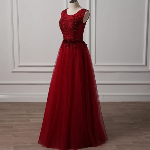 Chic / Beautiful Burgundy Prom Dresses 2018 A-Line / Princess Scoop Neck Sleeveless Appliques Lace Beading Bow Sash Floor-Length / Long Ruffle Backless Formal Dresses
