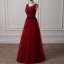 Chic / Beautiful Burgundy Prom Dresses 2018 A-Line / Princess Scoop Neck Sleeveless Appliques Lace Beading Bow Sash Floor-Length / Long Ruffle Backless Formal Dresses