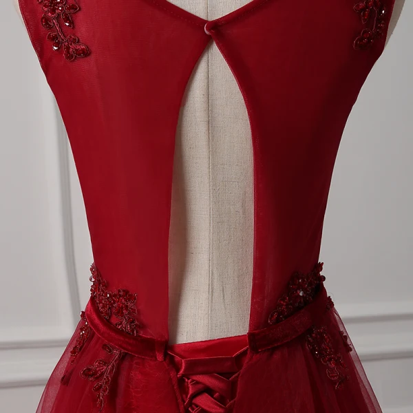 Chic / Beautiful Burgundy Prom Dresses 2018 A-Line / Princess Scoop Neck Sleeveless Appliques Lace Beading Bow Sash Floor-Length / Long Ruffle Backless Formal Dresses