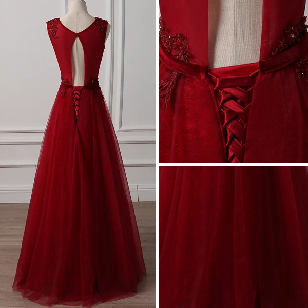 Chic / Beautiful Burgundy Prom Dresses 2018 A-Line / Princess Scoop Neck Sleeveless Appliques Lace Beading Bow Sash Floor-Length / Long Ruffle Backless Formal Dresses