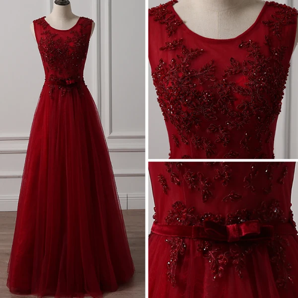 Chic / Beautiful Burgundy Prom Dresses 2018 A-Line / Princess Scoop Neck Sleeveless Appliques Lace Beading Bow Sash Floor-Length / Long Ruffle Backless Formal Dresses
