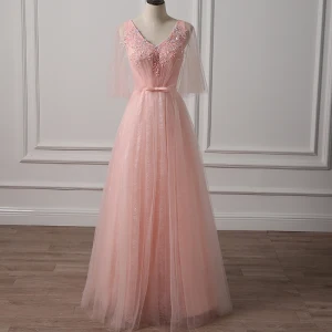 Chic Belle Perle Rose Robe De Soirée 2018 Princesse V Cou 1 2 Manches Paillettes Perlage Noeud Ceinture Longue Volants Dos Nu Robe De Ceremonie