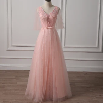 Chic Beautiful Pearl Pink Evening Dresses 2018 A Line Princess V Neck 1 2 Sleeves Sequins Beading Bow Sash Floor Length Long Ruffle Backless Formal Dresses