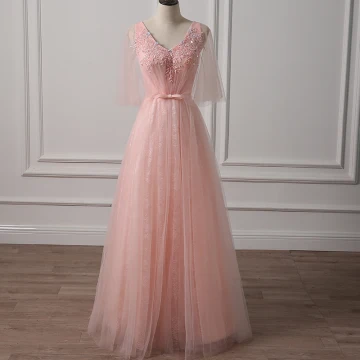 Chic Beautiful Pearl Pink Evening Dresses 2018 A Line Princess V Neck 1 2 Sleeves Sequins Beading Bow Sash Floor Length Long Ruffle Backless Formal Dresses