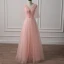 Schöne Pearl Rosa Abendkleider 2018 A Linie V-Ausschnitt 1/2 Ärmel Pailletten Perlenstickerei Schleife Stoffgürtel Lange Rüschen Rückenfreies Festliche Kleider