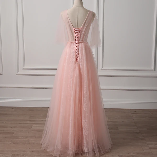Schöne Pearl Rosa Abendkleider 2018 A Linie V-Ausschnitt 1/2 Ärmel Pailletten Perlenstickerei Schleife Stoffgürtel Lange Rüschen Rückenfreies Festliche Kleider