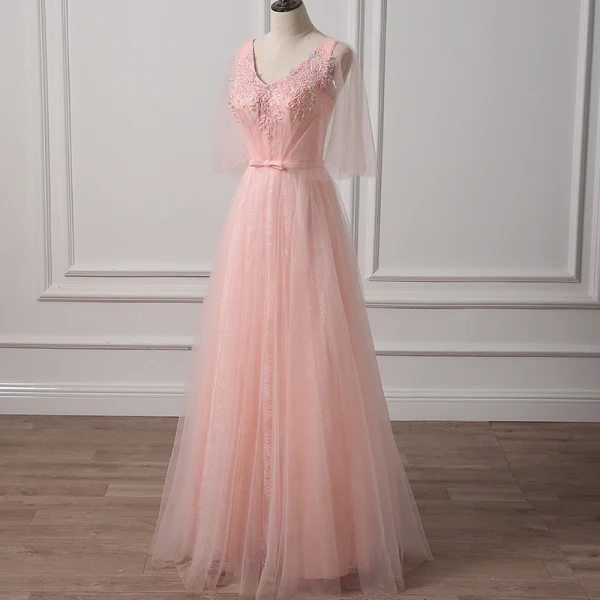 Schöne Pearl Rosa Abendkleider 2018 A Linie V-Ausschnitt 1/2 Ärmel Pailletten Perlenstickerei Schleife Stoffgürtel Lange Rüschen Rückenfreies Festliche Kleider