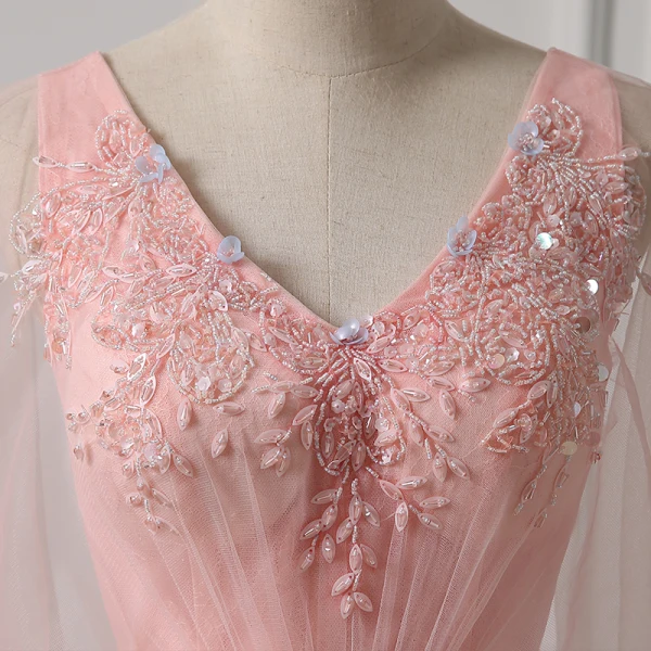 Schöne Pearl Rosa Abendkleider 2018 A Linie V-Ausschnitt 1/2 Ärmel Pailletten Perlenstickerei Schleife Stoffgürtel Lange Rüschen Rückenfreies Festliche Kleider