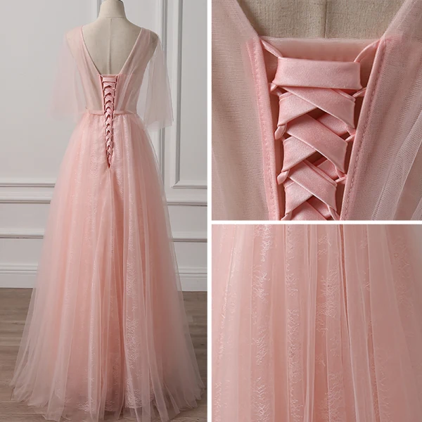 Schöne Pearl Rosa Abendkleider 2018 A Linie V-Ausschnitt 1/2 Ärmel Pailletten Perlenstickerei Schleife Stoffgürtel Lange Rüschen Rückenfreies Festliche Kleider