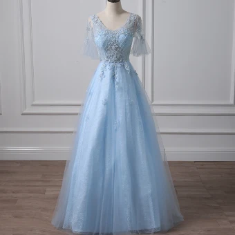 Illusion Bleu Ciel Percé Robe De Soirée 2018 Princesse V Cou Manches Courtes Paillettes Perlage Longue Volants Dos Nu Robe De Ceremonie