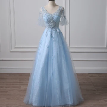 Illusion Bleu Ciel Percé Robe De Soirée 2018 Princesse V Cou Manches Courtes Paillettes Perlage Longue Volants Dos Nu Robe De Ceremonie