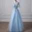 Illusion Bleu Ciel Percé Robe De Soirée 2018 Princesse V-Cou Manches Courtes Paillettes Perlage Longue Volants Dos Nu Robe De Ceremonie