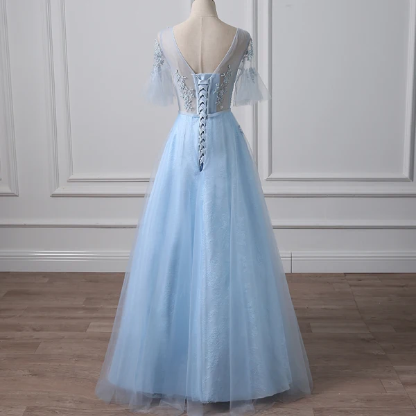 Illusion Bleu Ciel Percé Robe De Soirée 2018 Princesse V-Cou Manches Courtes Paillettes Perlage Longue Volants Dos Nu Robe De Ceremonie