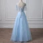 Illusion Bleu Ciel Percé Robe De Soirée 2018 Princesse V-Cou Manches Courtes Paillettes Perlage Longue Volants Dos Nu Robe De Ceremonie