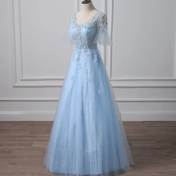 Illusion Bleu Ciel Percé Robe De Soirée 2018 Princesse V-Cou Manches Courtes Paillettes Perlage Longue Volants Dos Nu Robe De Ceremonie