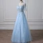 Illusion Bleu Ciel Percé Robe De Soirée 2018 Princesse V-Cou Manches Courtes Paillettes Perlage Longue Volants Dos Nu Robe De Ceremonie