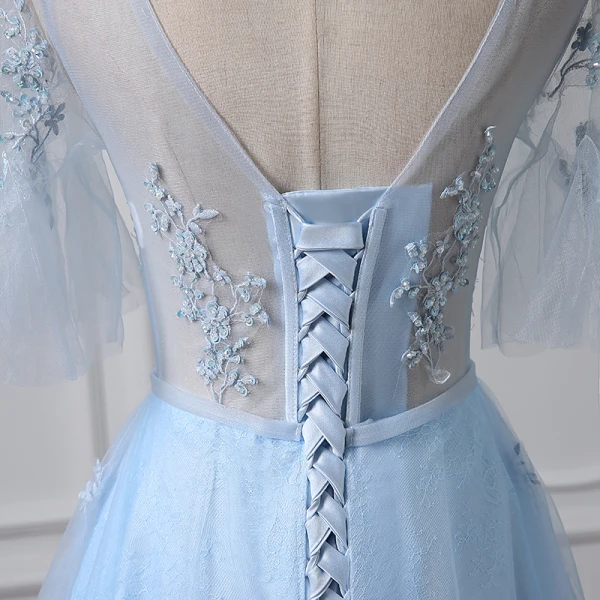 Illusion Bleu Ciel Percé Robe De Soirée 2018 Princesse V-Cou Manches Courtes Paillettes Perlage Longue Volants Dos Nu Robe De Ceremonie