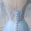 Illusion Bleu Ciel Percé Robe De Soirée 2018 Princesse V-Cou Manches Courtes Paillettes Perlage Longue Volants Dos Nu Robe De Ceremonie