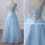Illusion Bleu Ciel Percé Robe De Soirée 2018 Princesse V-Cou Manches Courtes Paillettes Perlage Longue Volants Dos Nu Robe De Ceremonie