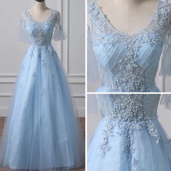 Illusion Bleu Ciel Percé Robe De Soirée 2018 Princesse V-Cou Manches Courtes Paillettes Perlage Longue Volants Dos Nu Robe De Ceremonie