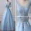 Illusion Bleu Ciel Percé Robe De Soirée 2018 Princesse V-Cou Manches Courtes Paillettes Perlage Longue Volants Dos Nu Robe De Ceremonie