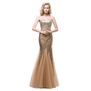 Sparkly Champagne Selskapskjoler 2018 Trompet Havfrue Kjæreste Uten Ermer Rhinestone Paljetter Lange Buste Ryggløse Formelle Kjoler