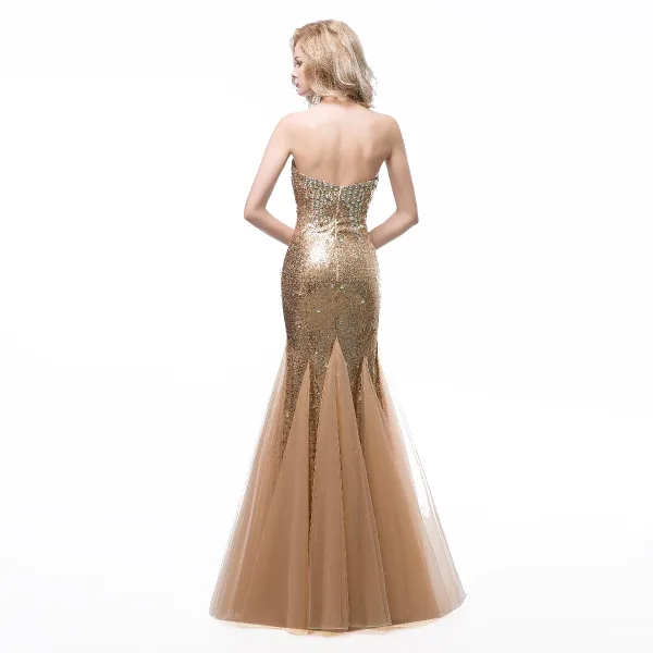 Sparkly Champagne Selskapskjoler 2018 Trompet / Havfrue Kjæreste Uten Ermer Rhinestone Paljetter Lange Buste Ryggløse Formelle Kjoler