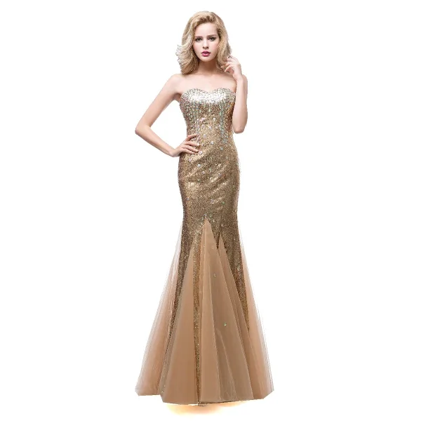 Sparkly Champagne Selskapskjoler 2018 Trompet / Havfrue Kjæreste Uten Ermer Rhinestone Paljetter Lange Buste Ryggløse Formelle Kjoler