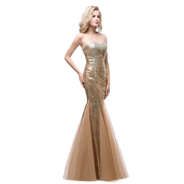 Sparkly Champagne Selskapskjoler 2018 Trompet / Havfrue Kjæreste Uten Ermer Rhinestone Paljetter Lange Buste Ryggløse Formelle Kjoler
