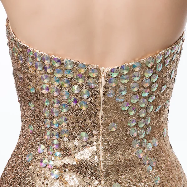 Sparkly Champagne Selskapskjoler 2018 Trompet / Havfrue Kjæreste Uten Ermer Rhinestone Paljetter Lange Buste Ryggløse Formelle Kjoler