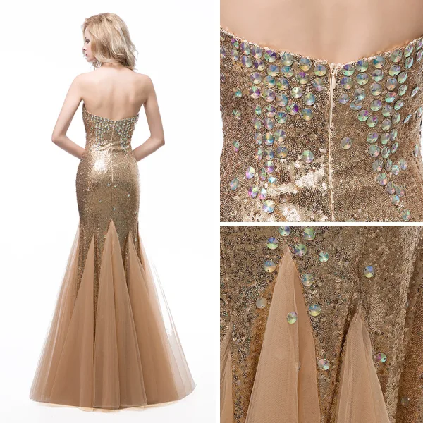 Sparkly Champagne Selskapskjoler 2018 Trompet / Havfrue Kjæreste Uten Ermer Rhinestone Paljetter Lange Buste Ryggløse Formelle Kjoler